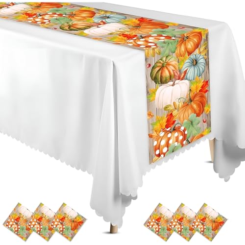 Windkream 6 Pcs Fall Table Runner 14 x 108'' Plastic Wood Pumpkin Runner