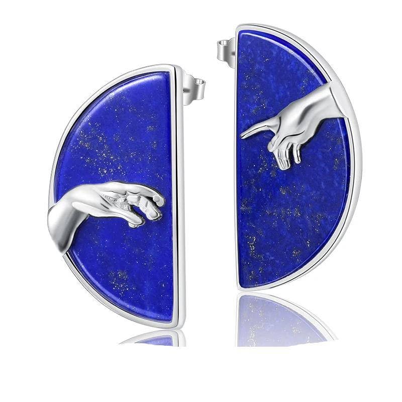 925 Sterling Silver Lapis Lazuli Creation of Adam Hand Stud Earrings, Semi-Circle Design