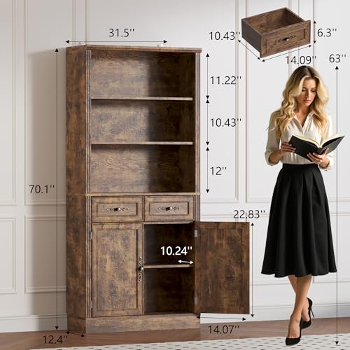 Image of BORNOON 70.1 inch Tall Bookshelf with Drawers & Cabinet, 5-Tier Floor Standing Bookcase with Storage Doors, Adjustable Shelves & Metal Handles, 31.5 inch Wide Organizer for Home Office, Living Room