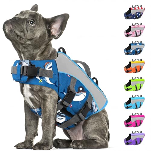 SUNFURA Dog Life Jacket, High Visibility Dog Life Vest for Swimming with Rescue Handle & D-Rings, Flotation Doggie Pool Lifejacket Adjustable Water Vest for Small Medium Dogs, Blue Ocean M by SUNFURA - Used condition - US$22.71