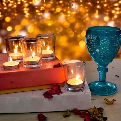 Image of Pure Source India Set of 12 Votive Glass Candle Holders with Tealight Candles | Decorative Diwali Lights for Home, Pooja & Festive Decor (Clear)