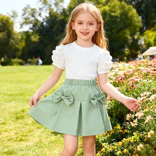 Image of 2-7Y Toddler Girl Skirt Set Kid 2Pcs Outfits Puff Short Sleeve Top Pleated Skirt with Bowknot Spring Summer Clothes