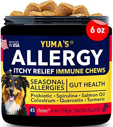 YUMA'S Dog Allergy Relief, Itchy Skin Relief - Seasonal Allergies - Omega 3 Salmon Oil+ Probiotics+Spirulina, Colostrum, Anti Itch Support (Bacon, 45 Chews)