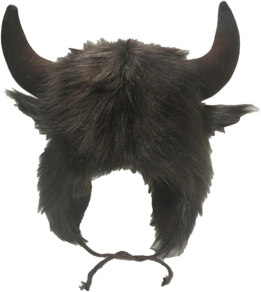 Unisex Plush Fluffy Faux Fur Skull Cap with Cow Horn Decor Warm Winter Cosplay Party Beanie Hat Bull Earflaps Cap
