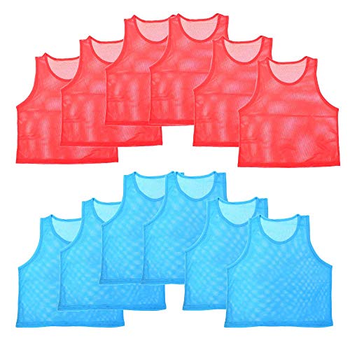 12 Pack Soccer Pinnies Basketball Jerseys Team Training Practice Vests Nylon Mesh Scrimmage Football Bibs Great for Kids & Youth Sports – Blue & Red