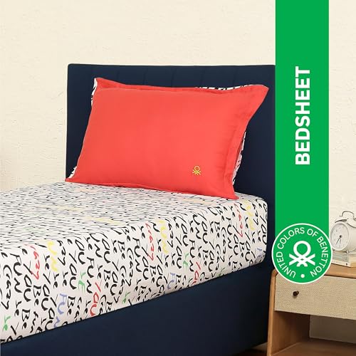 Image of United Colors of Benetton Luxury 100% Cotton Bedsheet Set, Soft & Skin-Friendly, Durable & Fade-Resistant Print (White-Black)