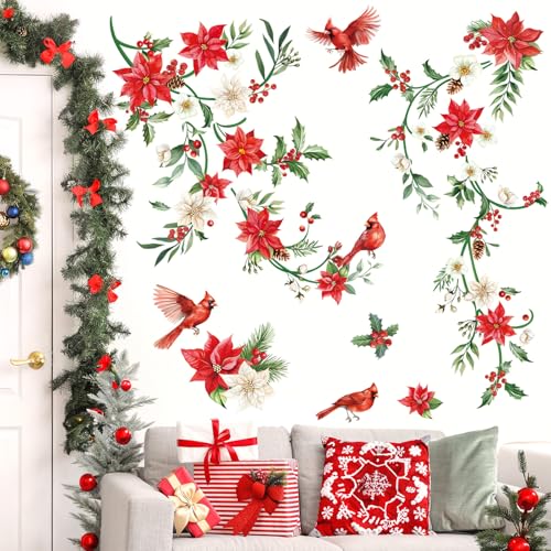 decalmile Wandsticker Weihnachtsblumen Wandtattoo Kardinal Vogel – Ansicht 1