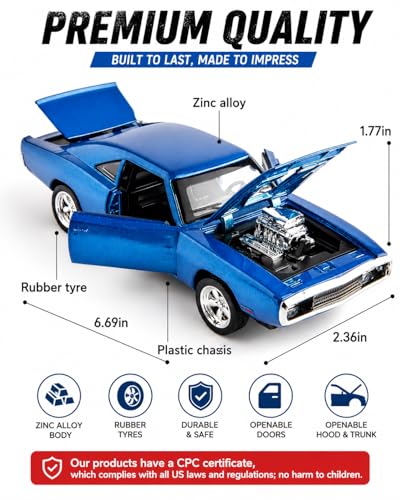 Image of 1970 Classic Muscle Car Diecast Model Car 1:32 Scale - Pull Back Alloy Toy Car with Sound & Light, Openable Doors Hood & Trunk (1:32 - Fast & Furious Dodger Metal Car)