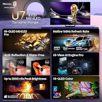 Hisense 65 U7 Mini-LED ULED 4K UHD Best Premium Gaming HDR Smart Fire TV (65U7SF, 2026 New) - Hi-QLED, Native 165Hz, VRR 330, Dolby Vision IQ Atmos, IMAX Enhanced, Anti-Reflection, 2.1.2 Ch, Alexa+