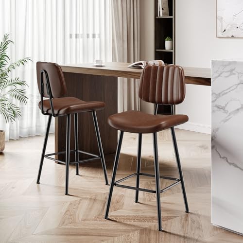 Image of Raynesys 24-Inch Leather Bar Stools Set of 3 with High Backrest, Dark Brown