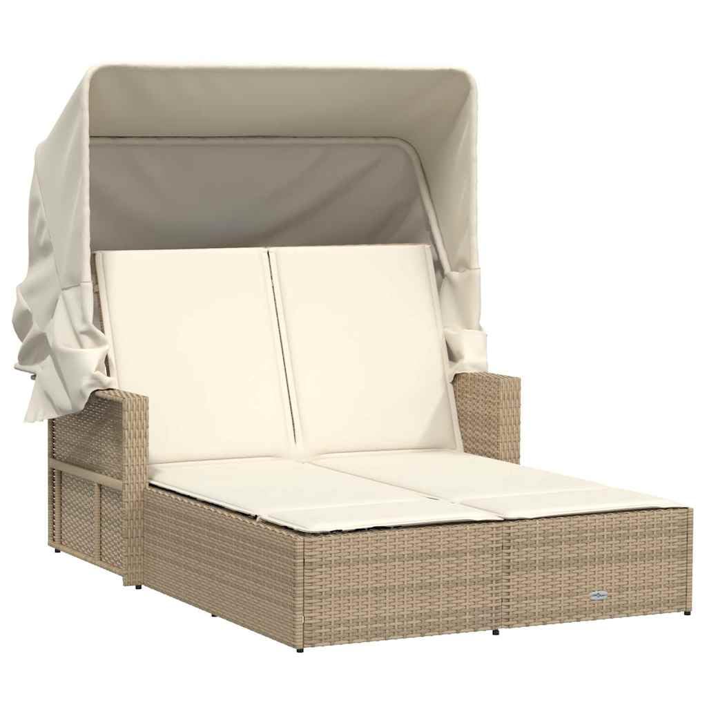 Chaise longue double avec toit pare-soleil en polyrotin - Beige