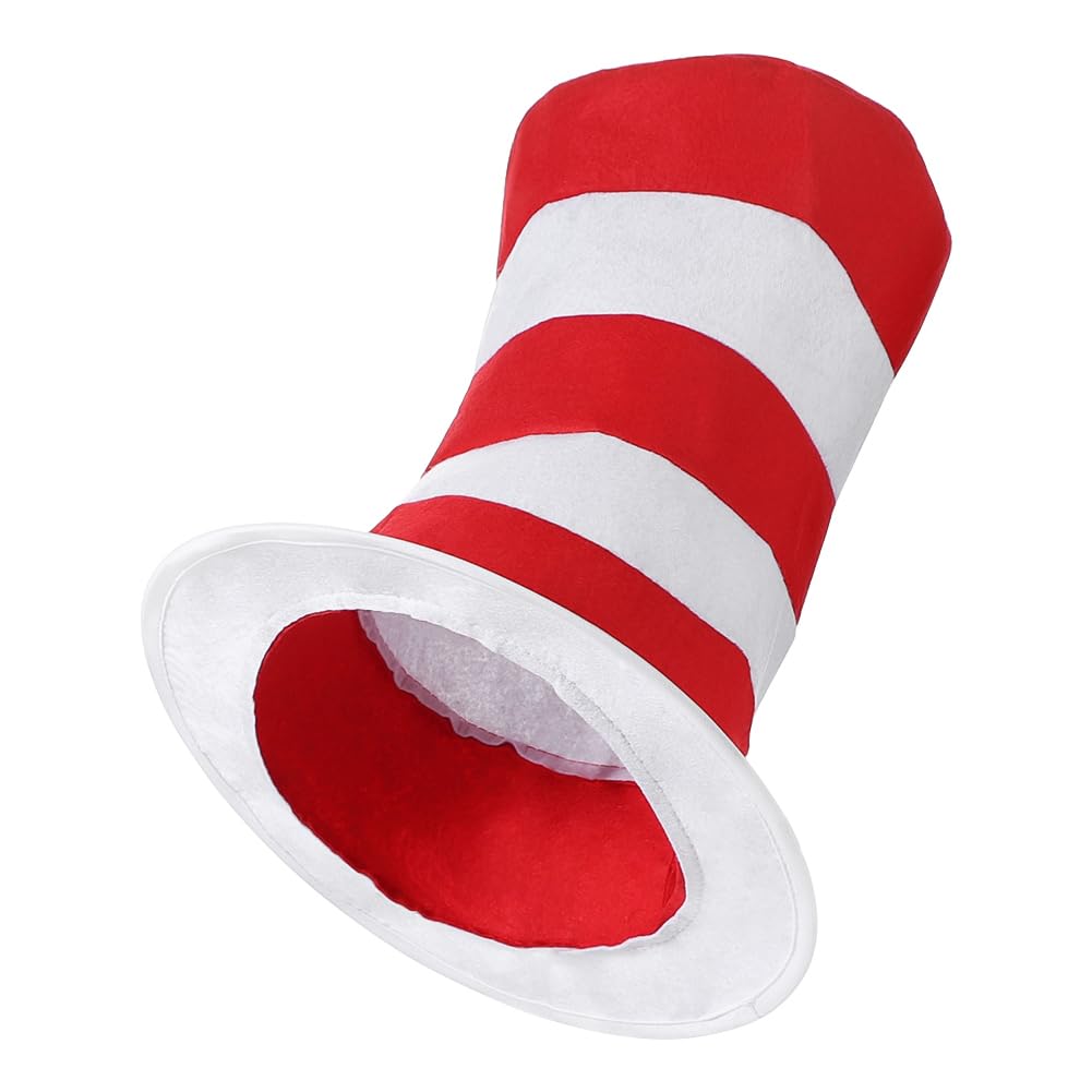 SIQITECHNO Cat In The Hat Costume for Adult Red & White Striped Costume Hat with Red Bowknot Gloves for Halloween Theme Party