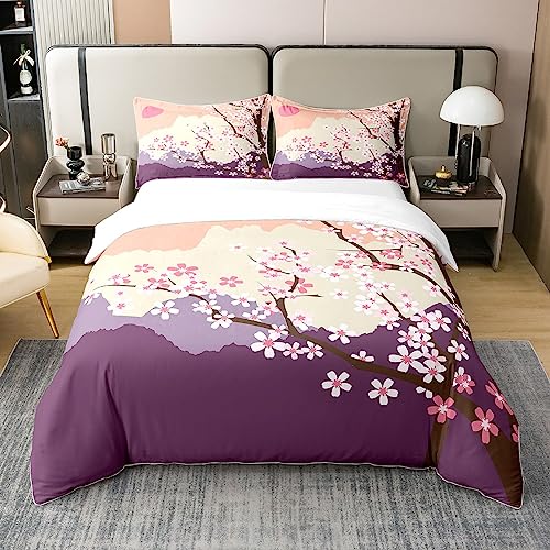 Homewish Housse de Couette 220x240 Fleur de Cerisier Japonais, Parure de Lit Coucher de Soleil, Ensemble de Literie Peinture Ukiyo-E Fleur Rose, Literie...