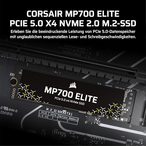Corsair MP700 Elite 1TB PCIe 5.0 x4 NVMe M.2 SSD – Bis zu 10,000MB/sec – Hohe Dichte 3D TLC NAND – M.2 2280 – Kompatibel mit DirectStorage – Schwarz