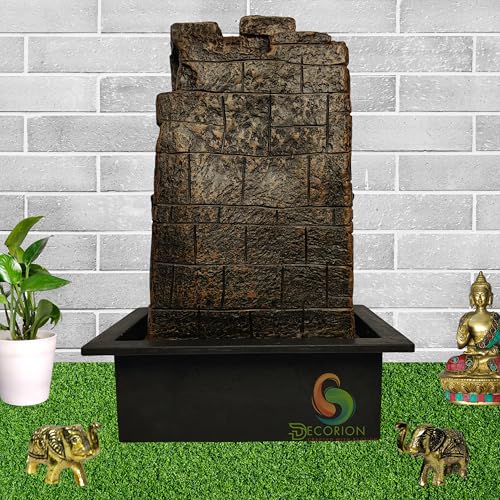 Image of DECORION Decorative Table Top Water Fountain for Home Decor /Office /Indoor & Outdoor /Garden /Puja Room /Vaastu with Multicolor LED Light and Adjustable Water Pump (Brown-D-031)