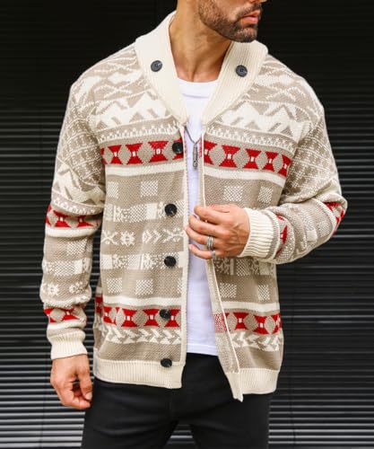 Men's Shawl Collar Cardigan Sweater Long Sleeve Button Down Cable Knit Jacquard Casual Lapel Sweater3