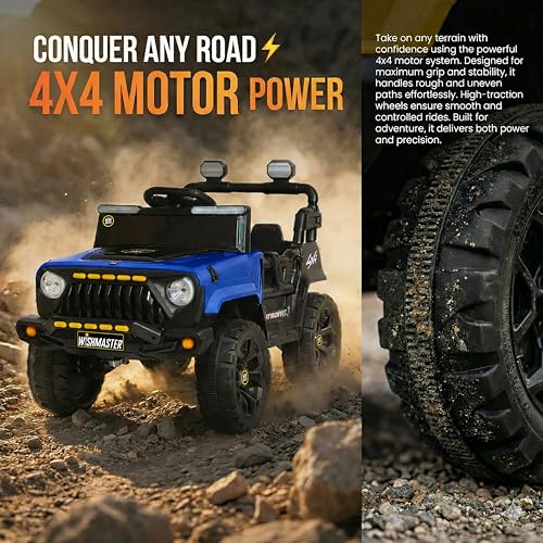 Image of Wishmaster 4x4 Kids Electric Ride On Jeep with Remote Control | Battery Operated Car for Kids 2-6 Years | RGB LED Lights, Bluetooth Music | Birthday Gift | 1-Year Warranty On Motors & Motherboard