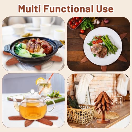 Wooden Tree Trivet Set - 4 Pcs Natural Wood Coasters Trivets for Hot Dishes, Christmas Tree Trivet for Hot Pots Pans, Artisanal Wooden Kitchen Accessories | Housewarming/Kitchen Gift — view 5
