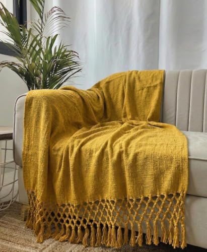 Image of HAKAM Throw Blanket for Sofa & Bed | Soft Cotton Sofa Throw | Bohemian Aesthetic Blanket | Sofa Cover Throw with Handmade Tassels | Lightweight Blanket (Mustard Yellow, 128x178 cm)