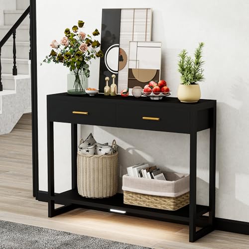 Entryway Table with Motion Sensor Light, 2 Drawers Shelf & Metal Handles – Console Table for Hallway, Sofa, Behind Couch, Living Room & Entrance Dec