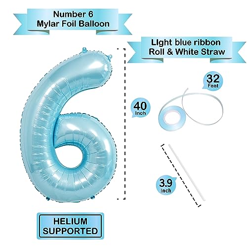 Image of 40 Inch light blue Number Balloons, Helium Mylar Foil Number Balloons for Birthdays, Number 6 Balloon for Party Decorations, Birthday Decorations, Boy Baby Shower