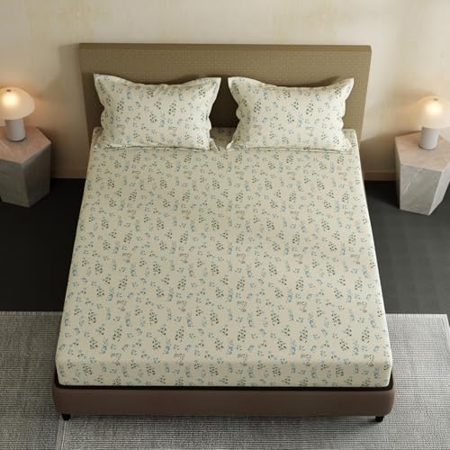 Image of Layers 100% Cotton Bedsheet for Double Size Bed | Lumina Floret Collection | 144 TC Soft & Breathable | Floral Print with 2 Pillow Covers | Wrinkle Free & Colorfast | 3 Pc Bedding Set - Cream & Blue