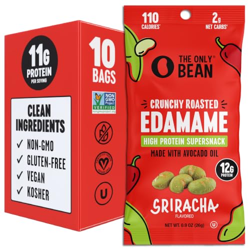 The Only Bean Crunchy Roasted Edamame Snacks Pack (Sriracha), Protein Keto Food, Gluten Free, Asian Japanese Snacks, Hot Spicy Snack, 0.9oz 10 Pack