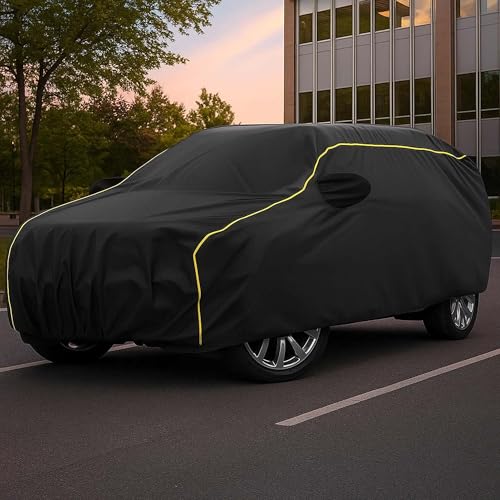 Image of Sulfar 100% Water Resistant Car Body Cover Compatible with Mirror for Maruti Suzuki Esteem (Triple Stitched, Full Bottom Elastic, Black Taffeta with Yellow Piping)