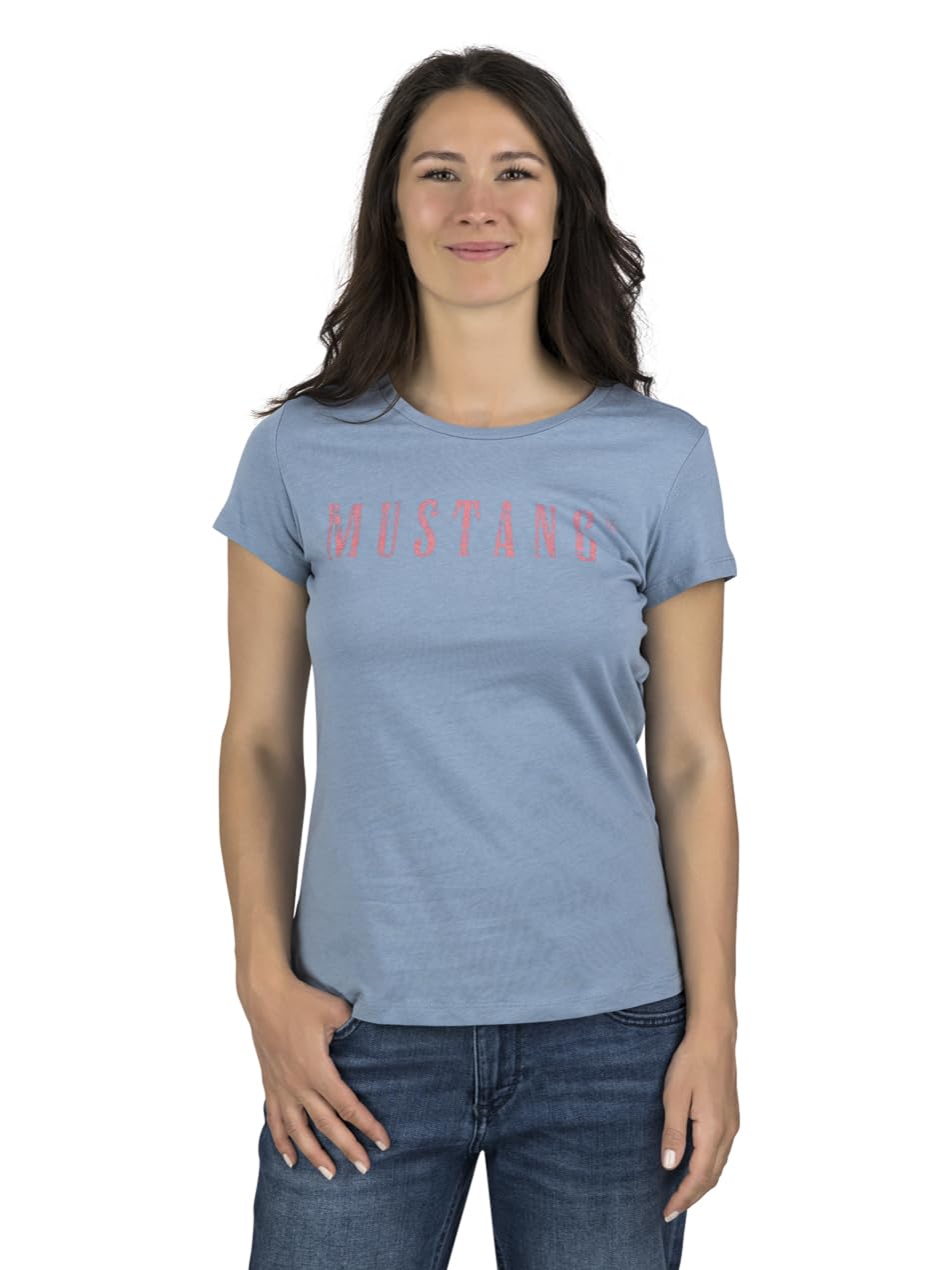 MUSTANG Damen T-Shirt Rundhals O-Neck Basic Slim Fit Kurzarm Logo Print Sommer Shirt 100% Baumwolle Weiß Blau Grün Rot S M L XL XXL