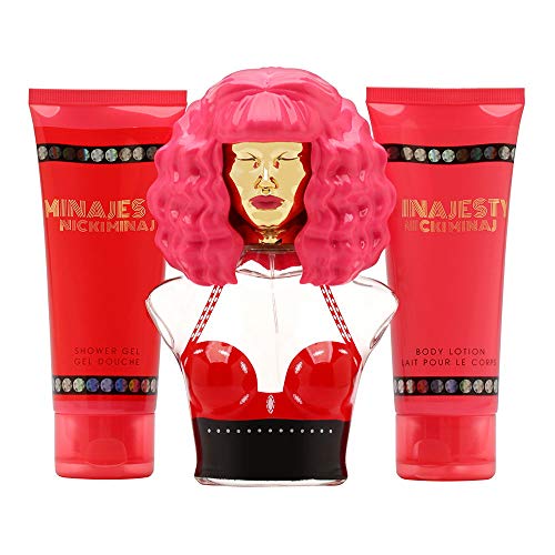 Nicki Minaj Minajesty 3-piece Women’s Perfume Gift Set,red berries, lemon, peach, magnolia, frangipani, orchid, tonka bean, white musk, cedarwood, 3.4 Fl Oz