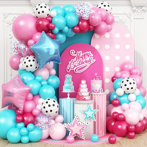 Pink Blue Balloon Arch Kit,Hot Pink White and Teal Blue Balloon Garland with 18Inch Star Foil Balloons for Girl Surprise Birthday Baby Shower Anniversary Party Decorations