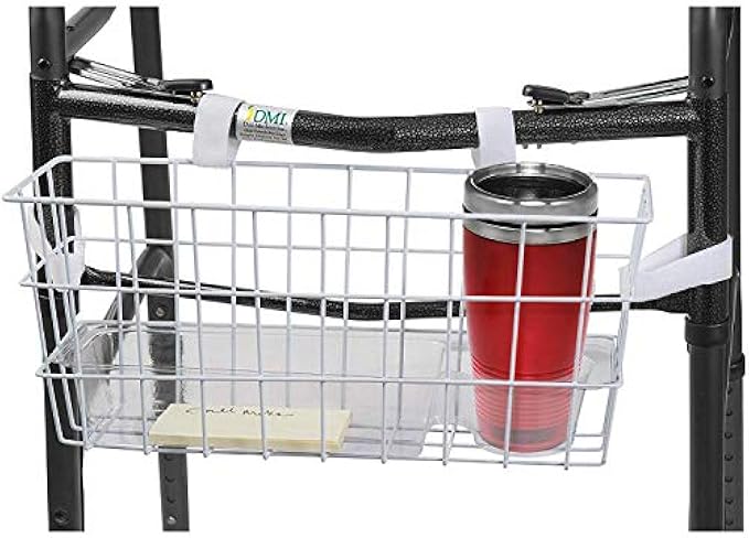 HealthSmart Walker Storage Basket with Cup Holder and Insert Tray, FSA Eligible, No Tools Needed, Universal Fit, White, 16 x 5.5 x 7, Walker Accessories Basket