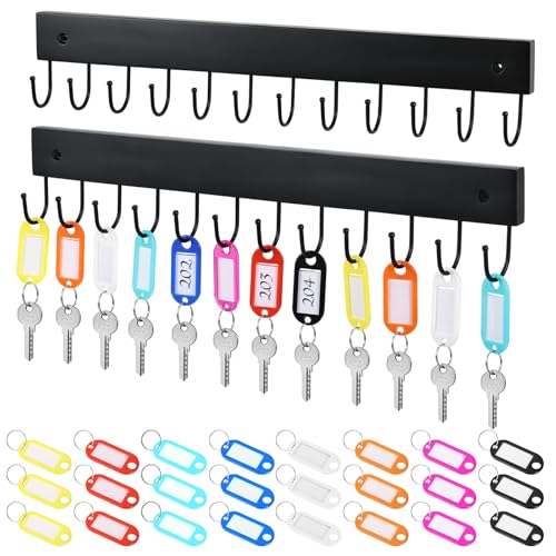 YEXEXINM 2 Pack Key Holder Wall Mount with 24 Key Tags Wooden Key Holder for Wall with 12 Hooks Key Organizer Rack for Entryway Garage Kitchen Office Wall Storage (Black)