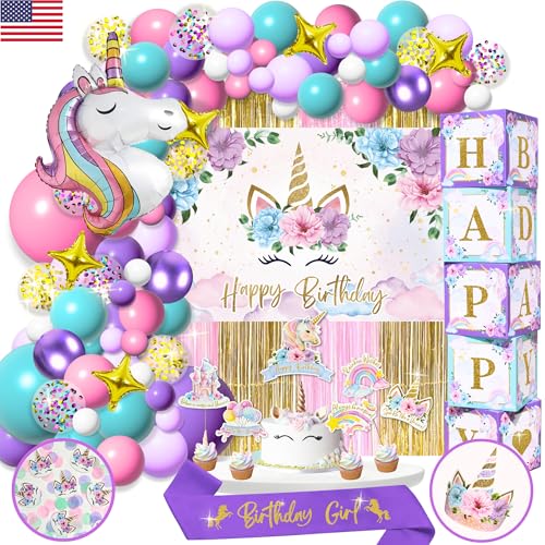 245 Pc Premium Unicorn Birthday Decorations for Girls Kit, All-in-1 Party Supplies Pack With Balloon Garland, Fringe Curtains, Foil Balloons, Backdrop, Crown, Sash - Pink, Purple, Teal, Gold
