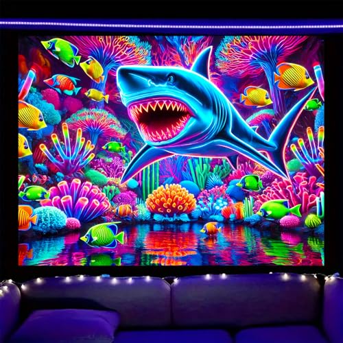 Image of Nuxovilar Neon Shark Wall Tapestry Polyester 78.74x59.05 In | Glow Poster Trippy Wall Art Sea Decor UV Backdrop Game Room Dorm Themed Space Area Room (Neon Shark Ocean Motif)