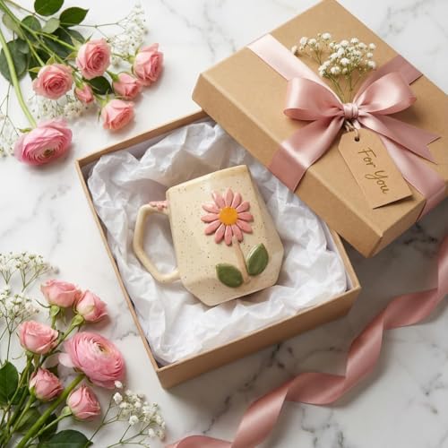 Handmade Ceramic Mug 3D Daisy Flower Design Coffee Tea Cup 240 ml Gift for Coffee Lovers Kitchen Decor (Pink/Light Blue/Yellow/Grey) (Creamish Yellow/