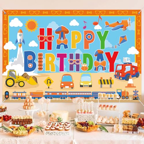 Image of Orange Blue Birthday Party Decorations Backdrop Banner 5x3Ft Vehicle Themed Happy Birthday Decorations Banner Background Photo Booth Props for English Teacher Party Supplies