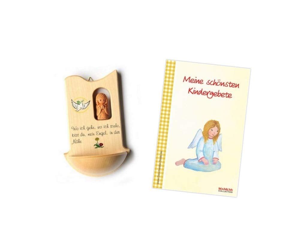 Weihkessel aus Holz mit TONENGEL – kindgerechtes WEIHBECKEN mit Spruch „Wo ich gehe…“ – TAUFKESSEL für Kinder – Geschenk zur Taufe & Kommunion – inkl. GEBETSBÜCHLEIN – MaMeMi
