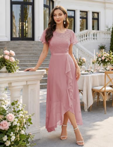 Image of BeryLove Formal Long Dresses for Women Wedding Guest Cocktail Bridesmaid | Airy Lace & Chiffon Evening Gown, Flutter Sleeve, Ideal for Mother of the Bride, Prom, Homecoming Party & Semi-Foraml Events
