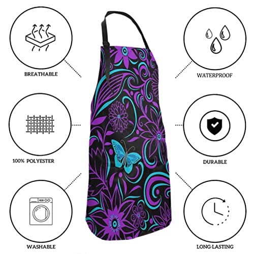 Giwawa Artist Butterfly Apron With Pockets - Floral Butterflies Bib Apron Abstract Flowers Leaf Aprons For Women Men Purple Turquoise Bohemian Aprons Smocks Adjustable Waterproof #TOP5
