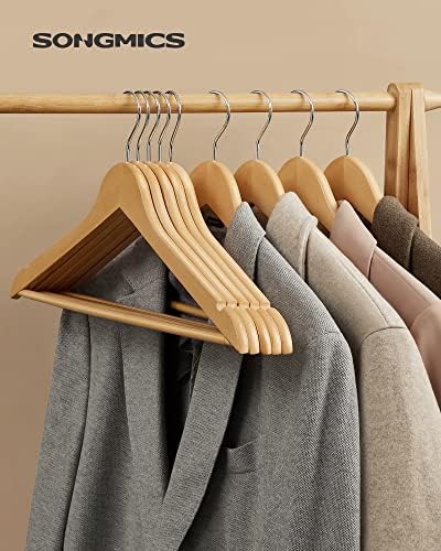 SONGMICS Wooden Hangers, 30 Pieces, Rack with Shoulder Grooves, Non Slip Trouser Bar and 360° Swivel Hook, for Complete Shirts Coats, Natural CRW031NL, Standard, Maple Wood, Metal