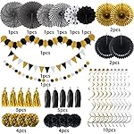 ZERODECO Party Decorations, 41 Pcs Black and Gold Papar Fans Pompoms Garlands String Tissue Paper Tassel for Graduation Congrats Grad New Years Wedding Birthday Party - Image 2