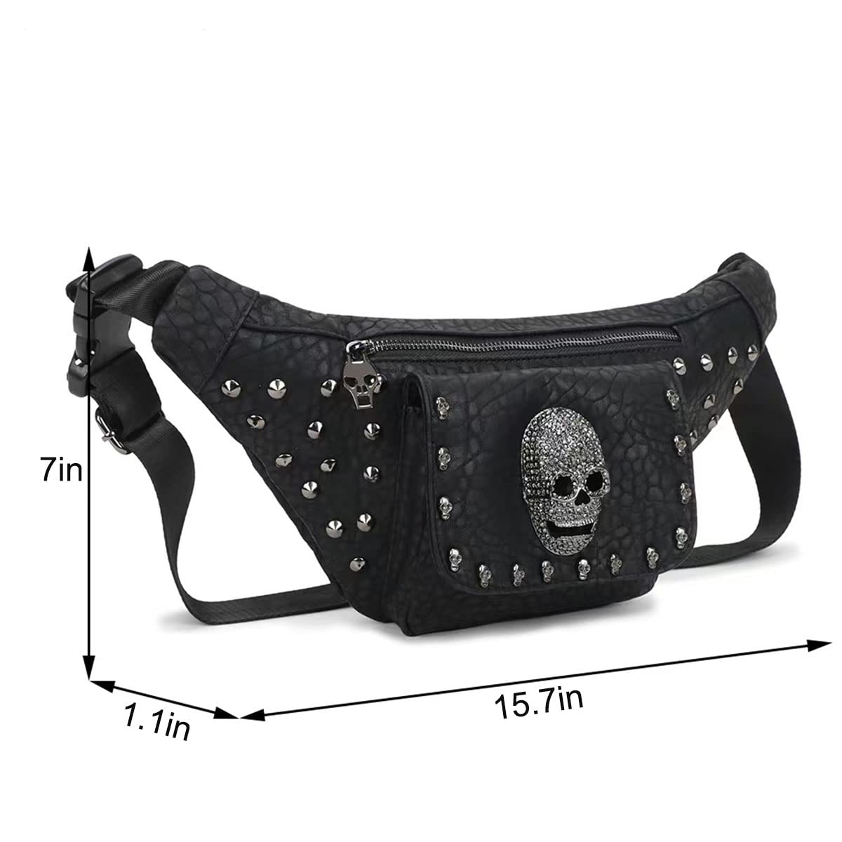 XingChen Marsupio con teschio alla moda in pelle PU Marsupio da donna e uomo marsupio nero con cintura regolabile per rave, festival, viaggi, feste, nero, Taglia unica