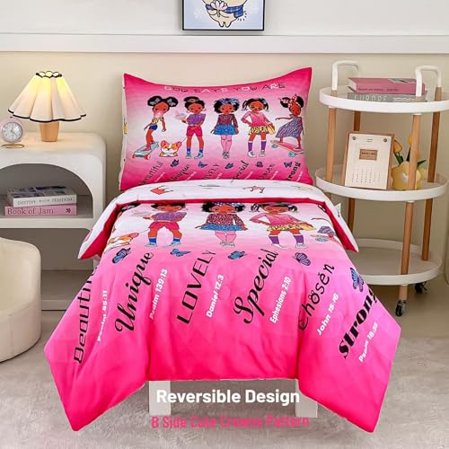 Image of 4-Piece Toddler Bedding Set for Girls - Black Girl Magic Comforter Set Includes Comforter, Flat Sheet, Fitted Sheet, Pillowcase