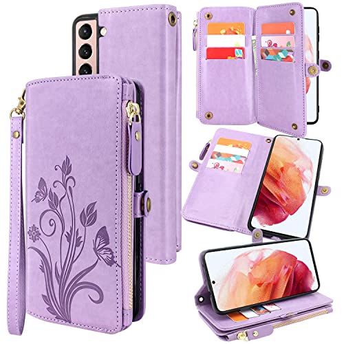 Lacass [Cards Theft Scan Protection] 10 Card Slots Holder Zipper Pocket Wallet Case Flip Leather Cover with Wrist Strap Magnetic Closure Stand Carrying Pouch for Samsung Galaxy S21(Floral Purple)
