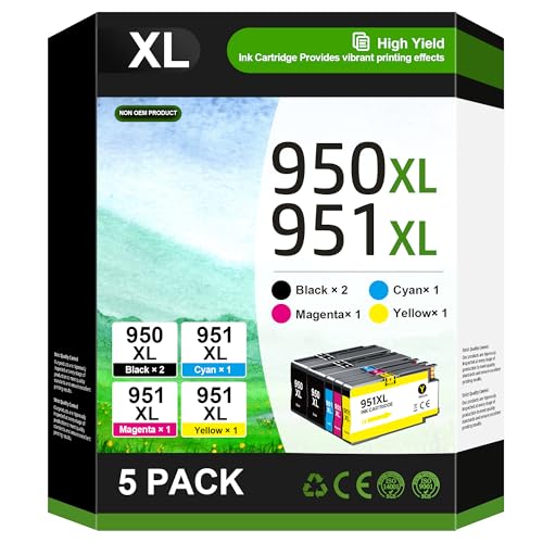 950XL and 951XL Ink Cartridges Combo Pack Replacement for HP 951 950XL 951XL Ink Cartridges for HP Printers Officejet Pro 8600 8610 8620 8100 8630 8660 8640 251DW, 5 Pack, 2 Black,Cyan,Magenta,Yellow
