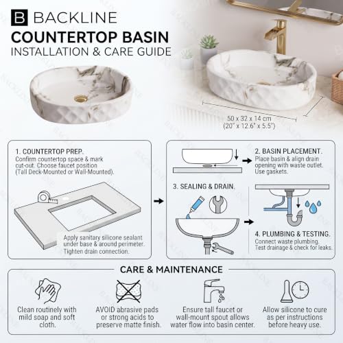 Image of Backline Ceramic Table Top Wash Basin 50 x 32 x 14 cm | White Matt Finish Counter Top Bathroom Sink | Premium Above Counter Wash Basin | Modern Oval Designer Basin