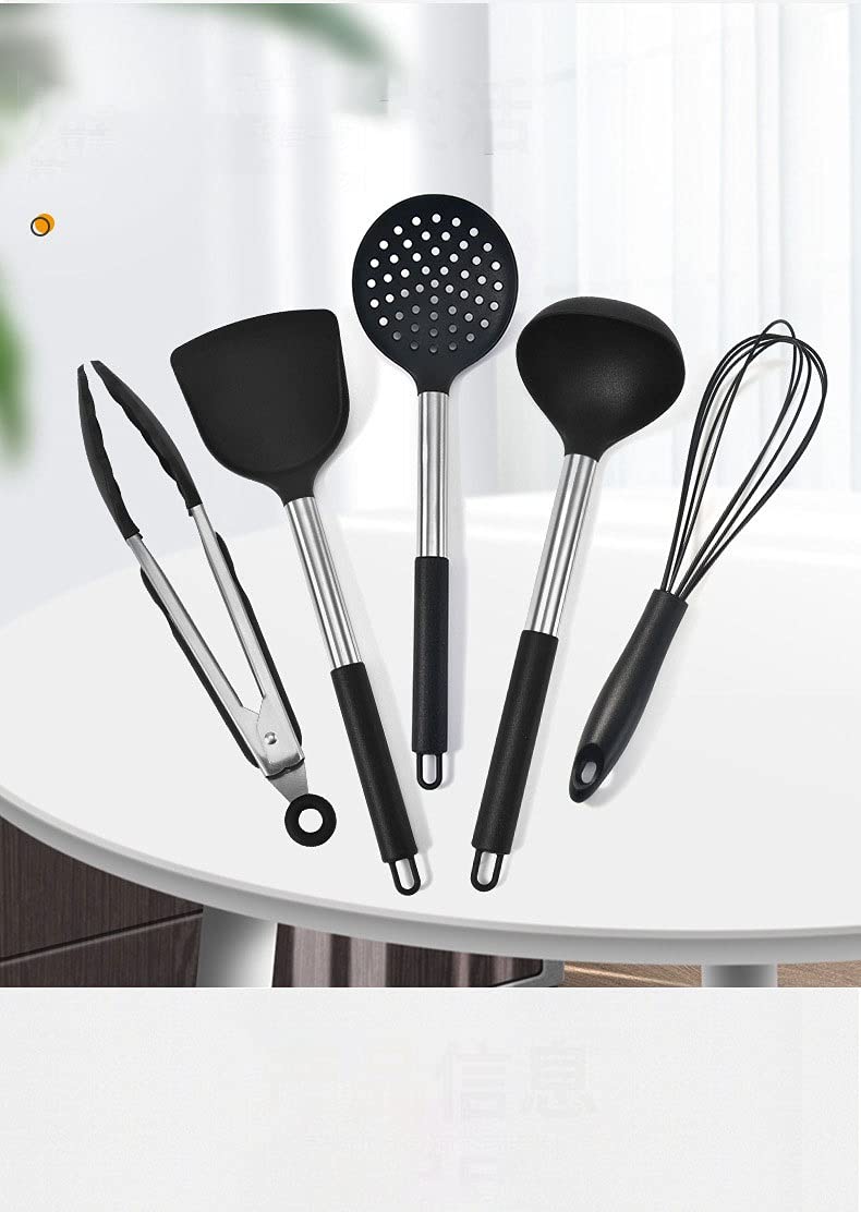 5 Silicone Cooking Utensils Kitchen Utensil Set -Kitchen Utensil Sets for Nonstick Cookware Black Kitchen Tools Spatula with Stainless Steel Handle