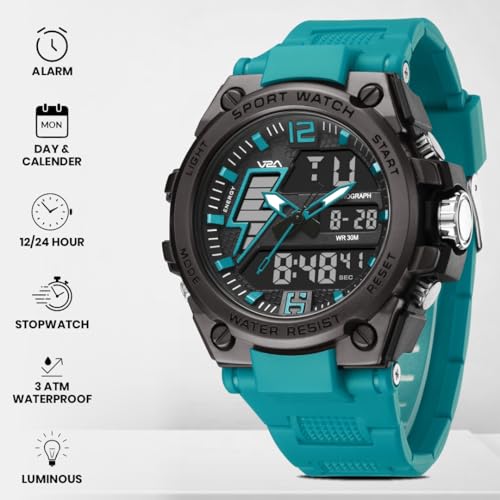 Image of V2A Stryke 45mm Analog Digital Sports Watch for Men | Hybrid Layered Dial | Alarm Stopwatch Backlight Day Date | TPU Strap | 30M Water Resistant | Gift for Mens