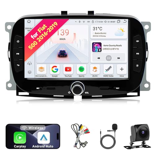Autoradio stereo Android 13 Per Fiat 500 2016-2019 - Schermo touch IPS da 7', kit cruscotto aggiornato con CarPlay e Android Auto, navigazione GPS, Bluetooth 5.0, WiFi, SWC, 5G, DSP(4Core 2+64GB)
